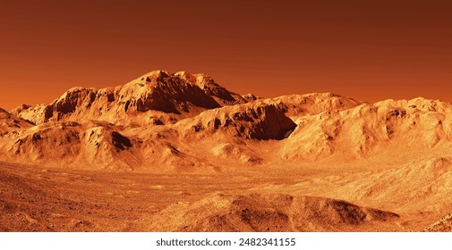 Planet mars illustration, orange red eroded mars surface, science fiction 3D render illustration background.