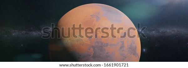 planet\
Mars, the red world in the solar system (3d space render banner,\
elements of this image are furnished by\
NASA)