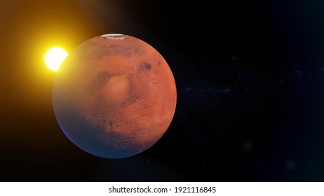 Planet Mars With The Sun On The Background Of Space With Bright Stars Of The Milky Way. 3d Illustration