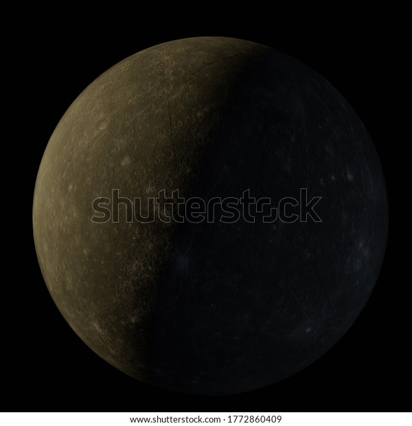 Planet mercury centered on a\
black background with the sun shining from the left. 3d\
rendering.