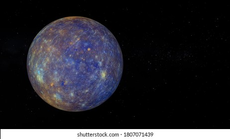 Planet Mercury with enhanced Color. Text space on the right. Realistic 3D render of mercury and stars. Mercury in space.