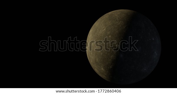 Planet mercury on black background with sun\
shining from the left. 3d\
rendering.