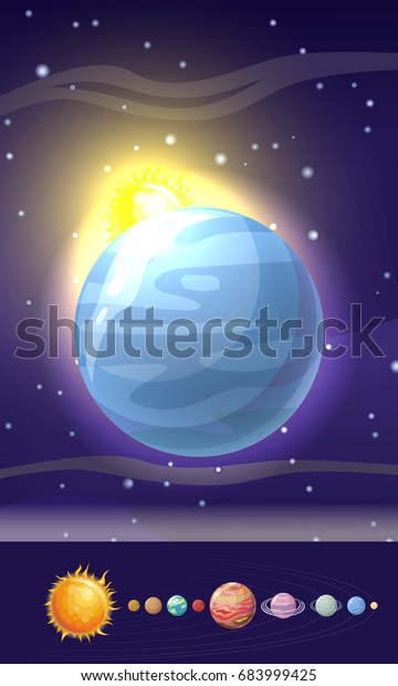 Planet\
Neptune in solar system. Solar system with stars, Sun, Pluto,\
Neptune, Uranus, Venus, Mercury, Saturn, Jupiter, Mars, Earth and\
Moon on orbit. Planets in orbit around the\
sun