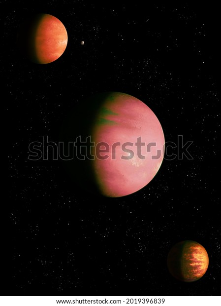 Planet with satellites in space,\
planetary system, exoplanets and exomoons 3d\
illustration.
