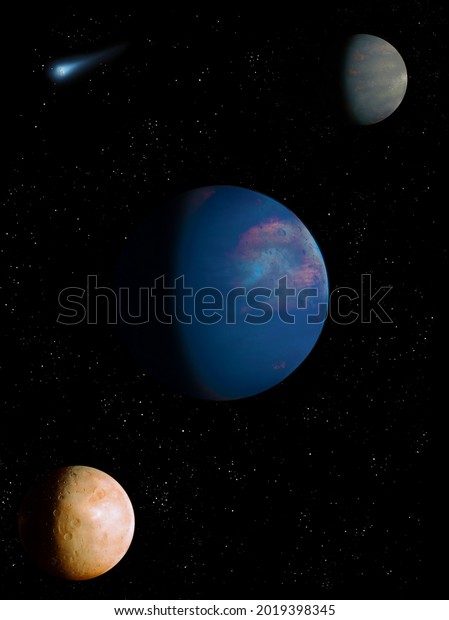 Planet with\
satellites in space, planetary system, exoplanets and exomoons.\
Cosmic landscape 3d\
illustration.
