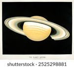 The planet Saturn (1881-1882) by E. L. Trouvelot (1827-1895) Astronomy sky illustration. Vintage planet astrology art drawing illustration, old painting art print in astronomy concept. Saturn drawing.