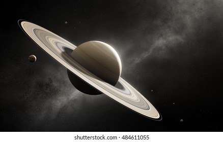 Planet Saturn im Tiefraum mit großen Monden nach Größenordnung (Elemente der Planettextur für 3D-Darstellung durch die NASA)