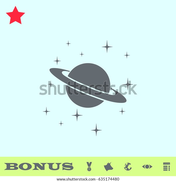 Planet Saturn icon flat. Simple gray pictogram\
on blue background. Illustration symbol and bonus icons medal, cow,\
earth, eye,\
calculator