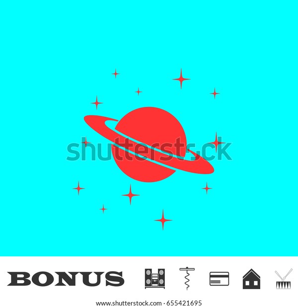 Planet Saturn icon flat. Simple red\
pictogram on blue background. Illustration symbol and bonus icons\
Music center, corkscrew, credit card, house,\
drum