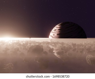 Planet Saturn Or Jupiter Close-up, With Rings, And In The Rays Of The Sun. World Outside Of Our Solar System. . 3d Illustration