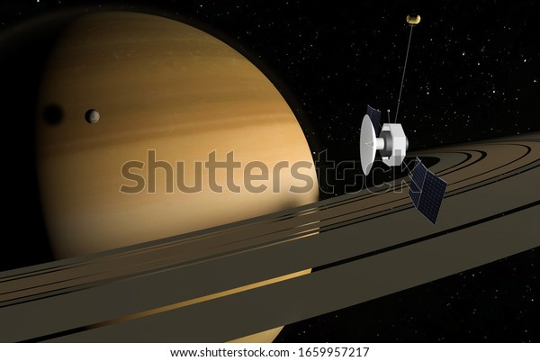 Planet Saturn, rings and other moons.
Satellite explore to the planet. 3d
illustration.
