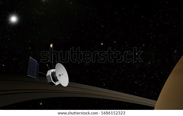 Planet Saturn, rings and other moons.\
Satellite explore to the planet. 3d\
illustration.