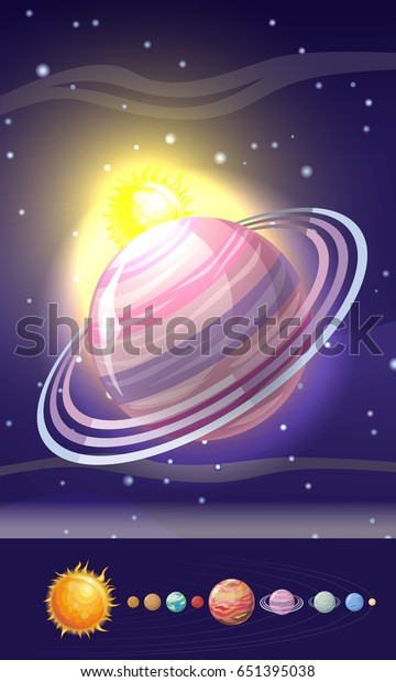 Planet\
Saturn in Solar system with stars, Sun, Pluto, Neptune, Uranus,\
Venus, Mercury, Saturn, Jupiter, Mars, Earth and Moon on orbit.\
Planets in orbit around the sun. Set of\
planets