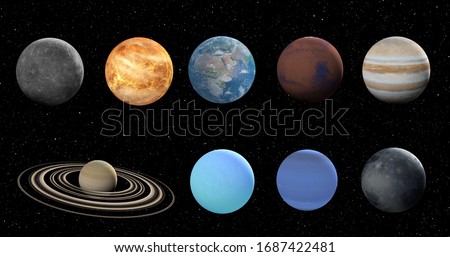 Planet solar system. 3D render, 3D graphics. Sun, Mercury, Venus, Earth, Mars, Jupiter, Saturn, Uranus, Neptune, Pluto