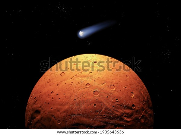 planet with a solid surface and bright comet\
in space with stars, surface of an alien planet, cosmic background\
3d rendering.