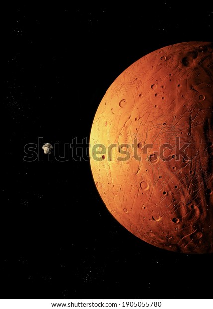 planet with a solid surface and craters in\
deep space with stars, surface of an alien planet, cosmic\
background 3d\
rendering.