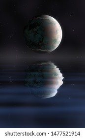 planet in space with water reflection 3d illustration