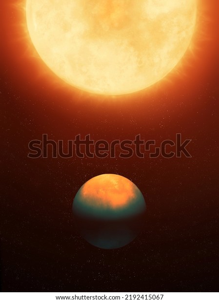 The planet is strongly heated by the sun.\
Earth-like planet near a giant star. Exoplanet orbiting its star 3d\
illustration.