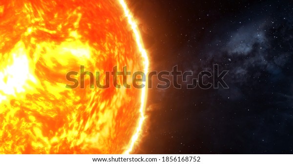 Planet sun with milky way galaxy .4k closeup\
sun view from space. waving lava upon the sun surface. 3d rendered\
sun over 4k\
resolution.