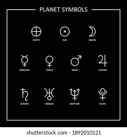 Planet Symbols Signs On Black Background. Raster