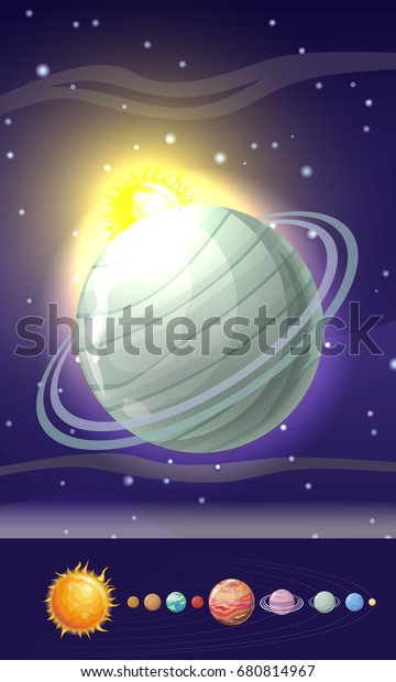 Planet Uranus in solar system. Solar system with\
stars, Sun, Pluto, Neptune, Uranus, Venus, Mercury, Saturn,\
Jupiter, Mars, Earth and Moon on orbit. Planets in orbit around the\
sun. Set of\
planets