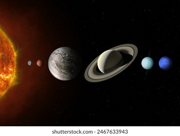 A planetary align, or a planet parade see six planets: Jupiter, Mercury, Uranus, Mars, Neptune and Saturn. Solar System planets. High resolution images. Elements of this image furnished by NASA.
