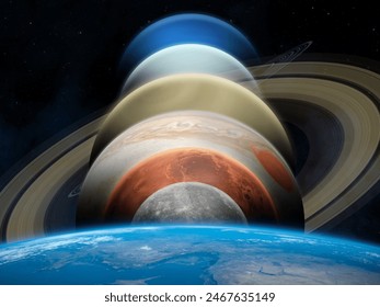 A planetary align, or a "planet parade" see six planets: Jupiter, Mercury, Uranus, Mars, Neptune and Saturn. Solar System planets. High resolution images. Elements of this image furnished by NASA.