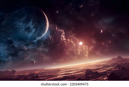 Planetary, Outer Space, Galaxy, Deep Sky Object. Sci-fi Concept, Fantasy.  3d Illustration, Mixed Media