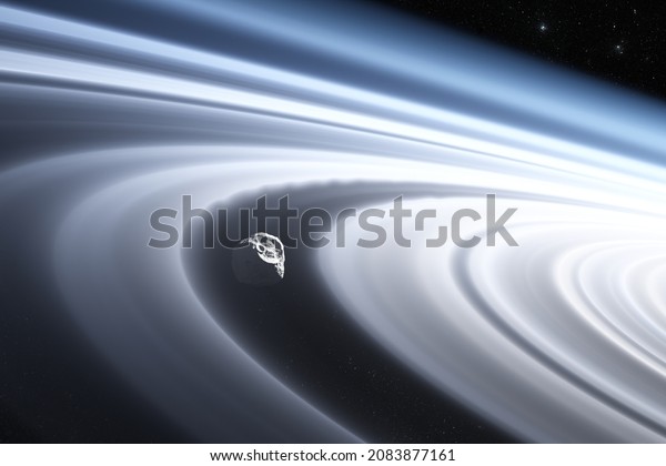 Saturn’s\
planetary ring system.The gravitational pull of moons and\
disturbances in Saturn\'s ring. 3d\
illustration