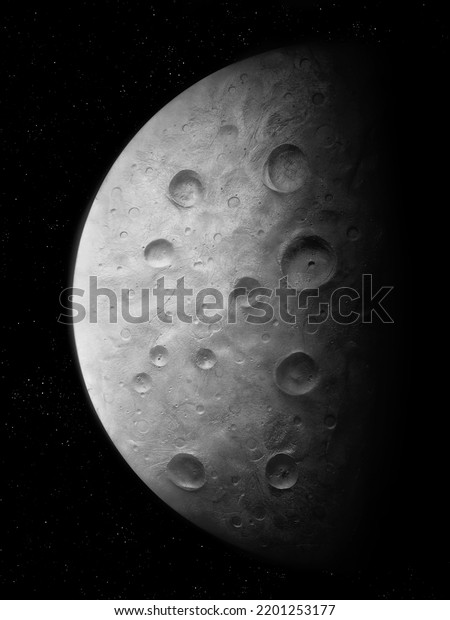 Planetary satellite, view from space. Large\
craters on the surface of the moon. Close up of Earth satellite 3d\
illustration.