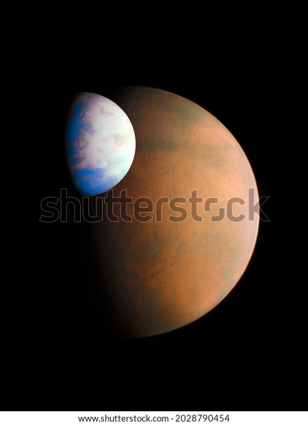 planetary system, alien planet with\
satellite, rocky planets, exoplanet has a moon 3d\
illustration.