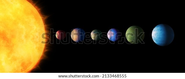 Planets from another star system near the\
sun. Extrasolar system with a star and exoplanets. Alien planetary\
system 3d\
illustration.