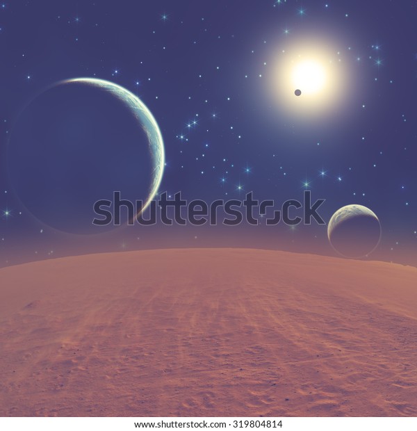 Planets in a distant stellar system. My\
astronomy work. Digital illustration.\
