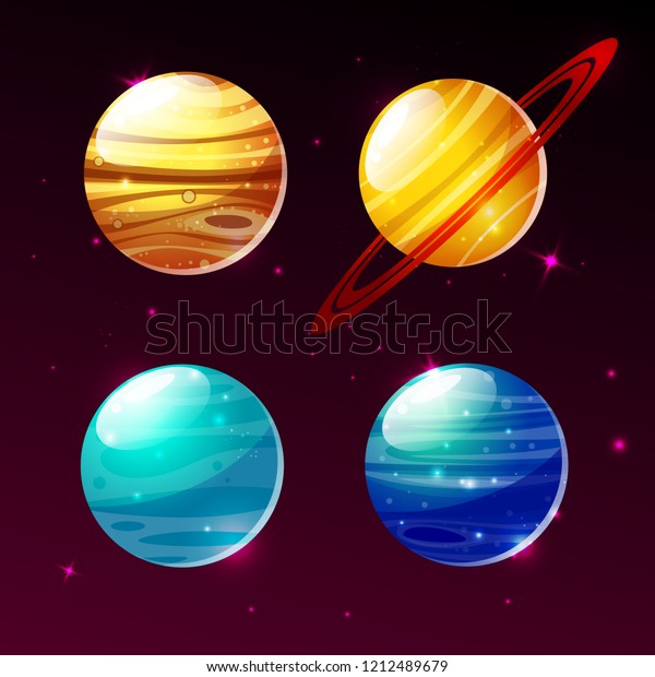 Planets\
of galaxy illustration icons of cartoon Mars, Mercury or Venus and\
Saturn rings or Jupiter fantastic galactic planets satellites of\
solar system,on outer space and stars\
background