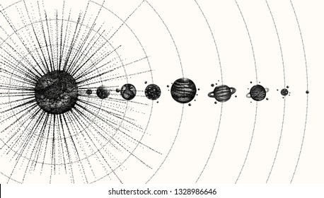 Planets In Orbit. Solar System In Dotwork Style. Vintage Hand Drawn Illustration.