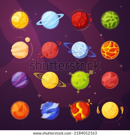 Planets in outer space cartoon illustrations set. Space bodies isolated cliparts color pack on purple background. Astronomy, universe exploration, planetary design elements collection