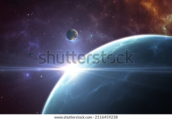 Planets outside our\
solar system. Exoplanets and exoplanetary systems, space\
background. 3d\
illustration