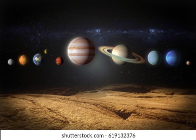 Planets Of The Solar System Aligned View From Rocky Planet (elements Of This Image Are Furnished By NASA)