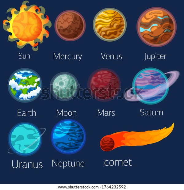 planets of\
the solar system cartoon style illustration, planet earth, moon,\
Mars mercury, Venus, Neptune, Saturn,\
cosmos