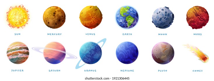 Planets of Solar system and comet isolated cartoon set on white. inner, rocky Mercury, Venus and Earth, Mars. Outer space gas giants Jupiter and Saturn, ice Uranus and Neptune, Pluto, Sun Moon