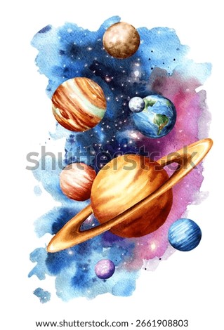 Planets of the Solar system, Hand drawn watercolor illustration isolated on the white background