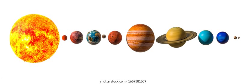 Planets of the solar system with Pluto, 3D rendering isolated on white background. Elements of this image furnished by NASA