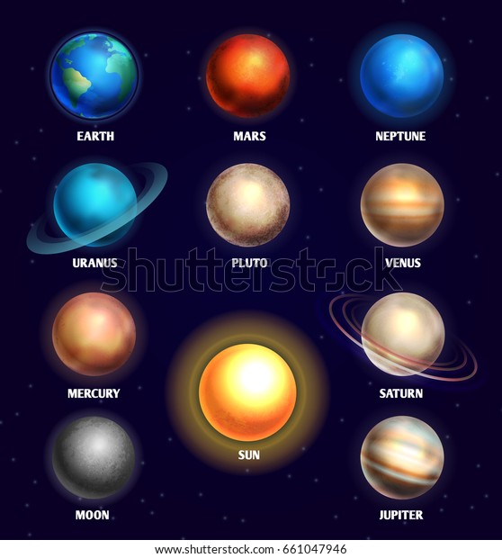 Planets of solar system and\
sun education illustration. Planets of olar system for design\
planetarium