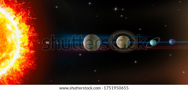 Planets of the solar system, sun, Mercury, Venus,\
Earth, Moon, Mars, Jupiter, Saturn, Uranus, Neptune, Magnitudes and\
dimensions are not to scale. Element of this image is furnished by\
Nasa. 3d render