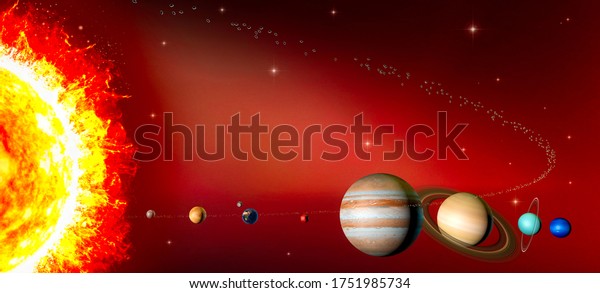 Planets of the\
solar system, sun, Mercury, Venus, Earth, Moon, Mars, Jupiter,\
Saturn, Uranus, Neptune. Asteroids belt. Element of this image are\
furnished by Nasa. 3d\
render