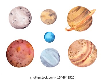 Planets Of Solar System. Watercolor Cosmic Set