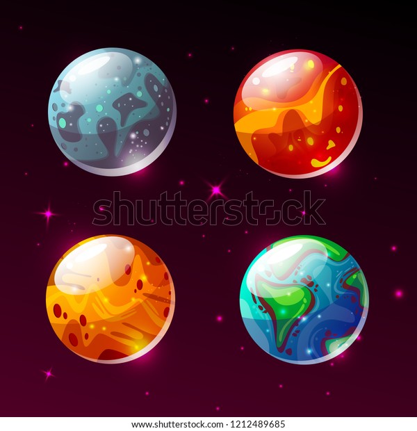 Planets in space\
illustration. Cartoon Earth, Mars or Moon and Sun or Pluto and\
Jupiter planet color icons of solar system, cosmos galaxy and stars\
on outer space\
background