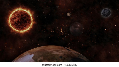 Planets and the Sun with star background 3D rendering