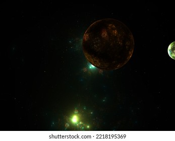 Planets View, Starburst And Galaxy, Digital Cosmos Art Computer Generated 3D Rendered Graphics, Dark Matter, Deep Space, Banner Or Background