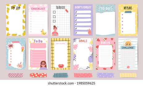 Planner list notes. Weekly to do lists and daily schedule with stickers and cute patterns. Checklist for goals and plans template  set. Challenge and do not forget papers for print - Powered by Shutterstock